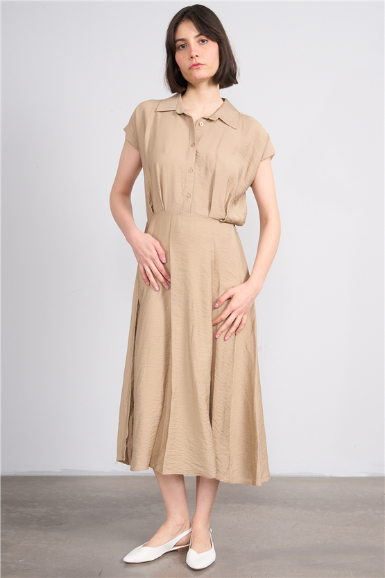 Fithit 6510 Kadın Gömlek Yaka Kısa Kol Midi Viskon Elbise Vizon