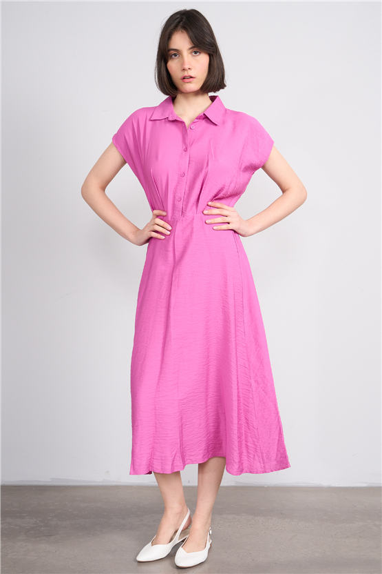 Fithit 6510 Kadın Gömlek Yaka Kısa Kol Midi Viskon Elbise Fuşya