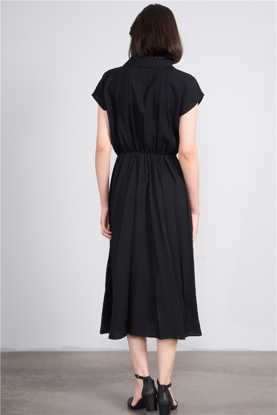 Fithit 6510 Kadın Gömlek Yaka Kısa Kol Midi Viskon Elbise Siyah