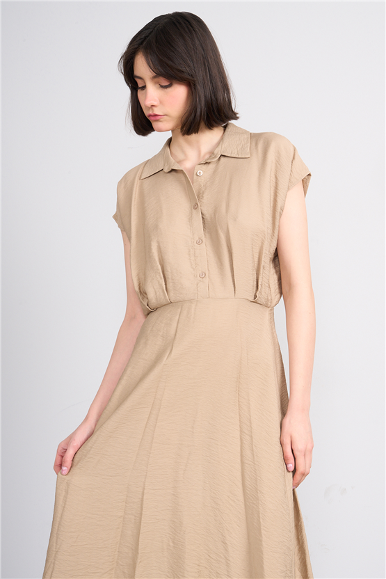 Fithit 6510 Kadın Gömlek Yaka Kısa Kol Midi Viskon Elbise Vizon