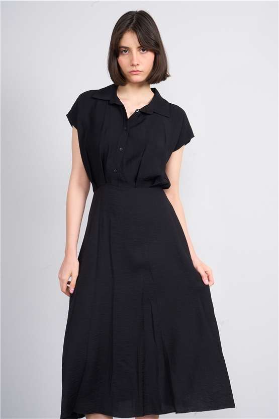 Fithit 6510 Kadın Gömlek Yaka Kısa Kol Midi Viskon Elbise Siyah