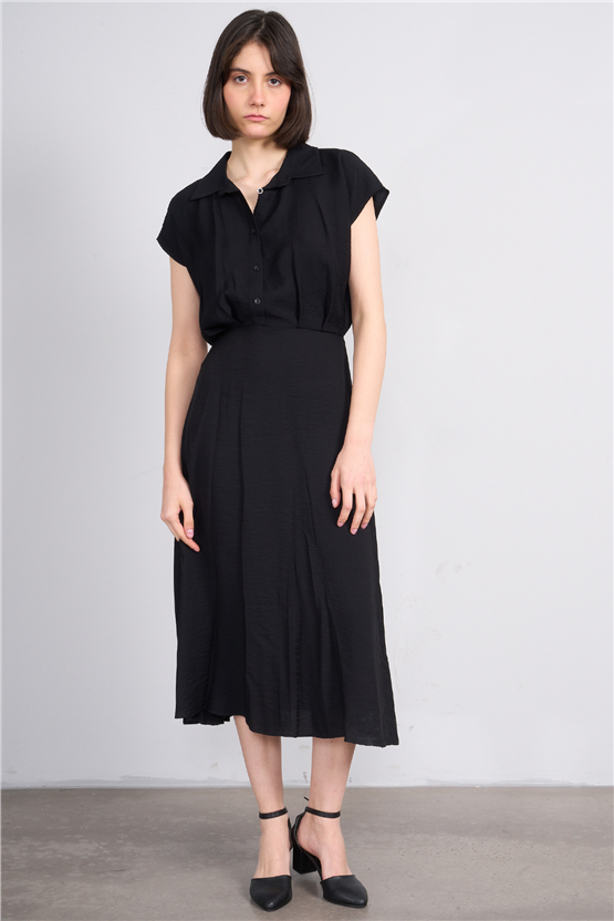 Fithit 6510 Kadın Gömlek Yaka Kısa Kol Midi Viskon Elbise Siyah