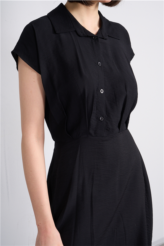 Fithit 6510 Kadın Gömlek Yaka Kısa Kol Midi Viskon Elbise Siyah