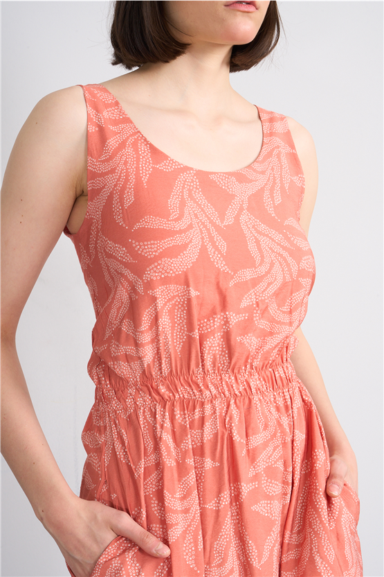 Fithit 6511 Kadın Askılı Bisiklet Yaka Slimfit Elbise Kiremit Üzeri Yaprak Desen