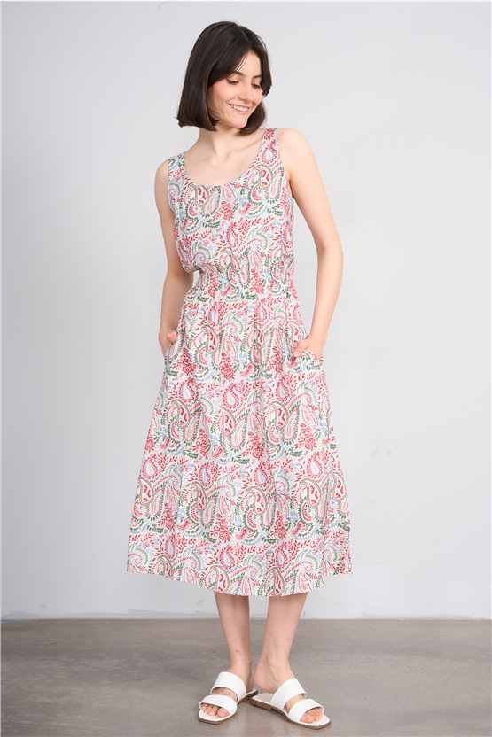 Fithit 6511 Kadın Askılı Bisiklet Yaka Slimfit Elbise Renkli Şal Desen