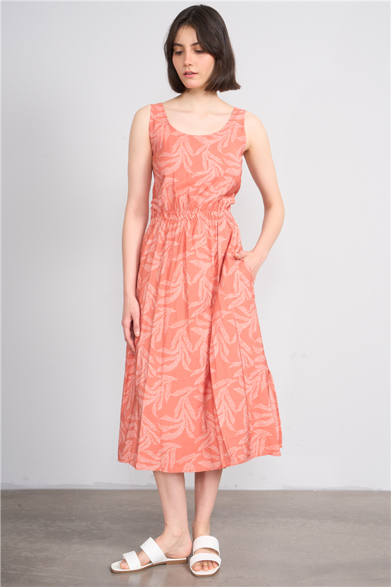 Fithit 6511 Kadın Askılı Bisiklet Yaka Slimfit Elbise Kiremit Üzeri Yaprak Desen