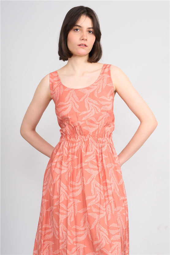 Fithit 6511 Kadın Askılı Bisiklet Yaka Slimfit Elbise Kiremit Üzeri Yaprak Desen