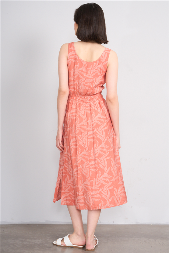 Fithit 6511 Kadın Askılı Bisiklet Yaka Slimfit Elbise Kiremit Üzeri Yaprak Desen