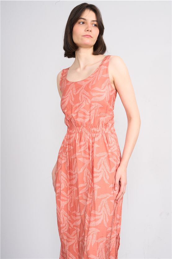 Fithit 6511 Kadın Askılı Bisiklet Yaka Slimfit Elbise Kiremit Üzeri Yaprak Desen