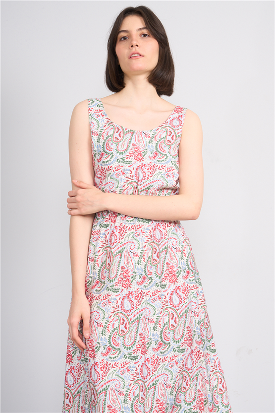 Fithit 6511 Kadın Askılı Bisiklet Yaka Slimfit Elbise Renkli Şal Desen