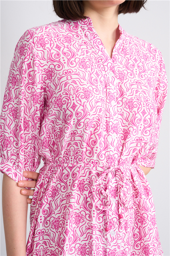 Fithit 6655 Kadın Bisiklet Yaka Yarım Kol Regular Bağcıklı Viskon Elbise Fuşya Beyaz Üzeri Şablon Desen