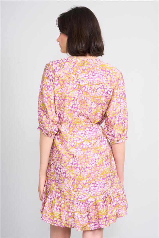 Fithit 6655 Kadın Bisiklet Yaka Yarım Kol Regular Bağcıklı Viskon Elbise Fuşya Üzeri Leopar Desen