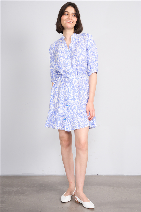 Fithit 6655 Kadın Bisiklet Yaka Yarım Kol Regular Bağcıklı Viskon Elbise Saks Beyaz Üzeri Şablon Desen