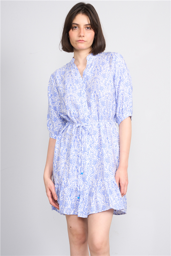 Fithit 6655 Kadın Bisiklet Yaka Yarım Kol Regular Bağcıklı Viskon Elbise Saks Beyaz Üzeri Şablon Desen