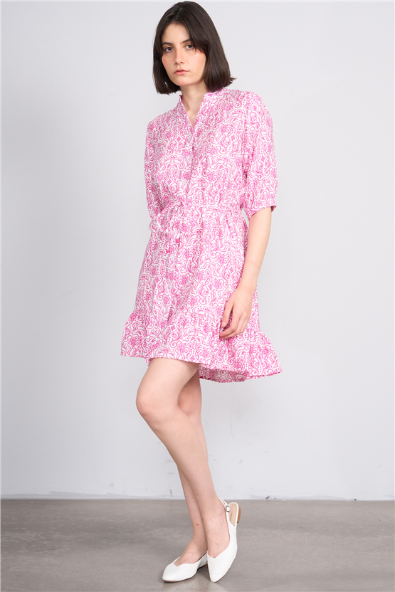 Fithit 6655 Kadın Bisiklet Yaka Yarım Kol Regular Bağcıklı Viskon Elbise Fuşya Beyaz Üzeri Şablon Desen