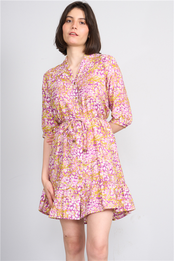 Fithit 6655 Kadın Bisiklet Yaka Yarım Kol Regular Bağcıklı Viskon Elbise Fuşya Üzeri Leopar Desen