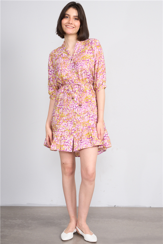 Fithit 6655 Kadın Bisiklet Yaka Yarım Kol Regular Bağcıklı Viskon Elbise Fuşya Üzeri Leopar Desen