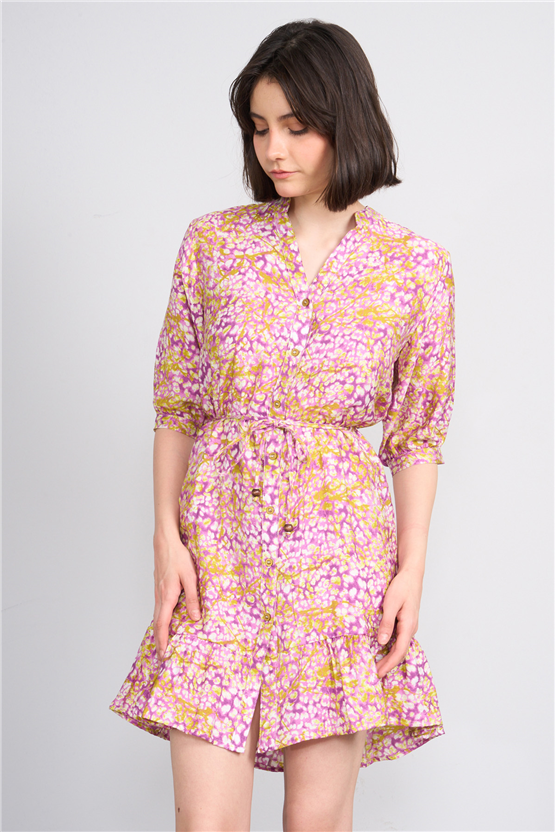 Fithit 6655 Kadın Bisiklet Yaka Yarım Kol Regular Bağcıklı Viskon Elbise Fuşya Üzeri Leopar Desen