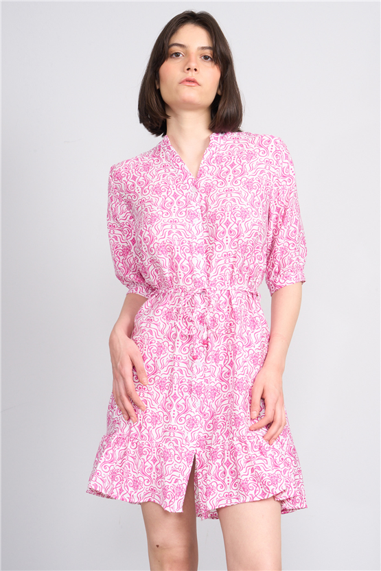 Fithit 6655 Kadın Bisiklet Yaka Yarım Kol Regular Bağcıklı Viskon Elbise Fuşya Beyaz Üzeri Şablon Desen