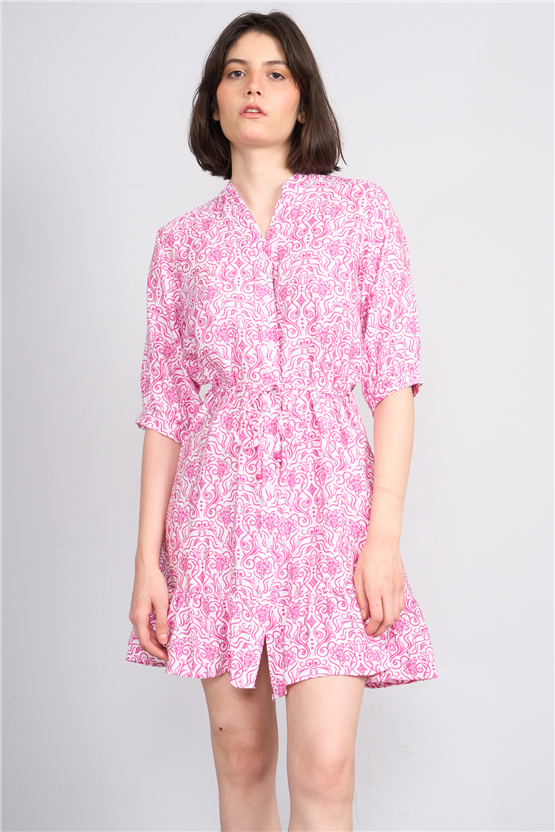 Fithit 6655 Kadın Bisiklet Yaka Yarım Kol Regular Bağcıklı Viskon Elbise Fuşya Beyaz Üzeri Şablon Desen