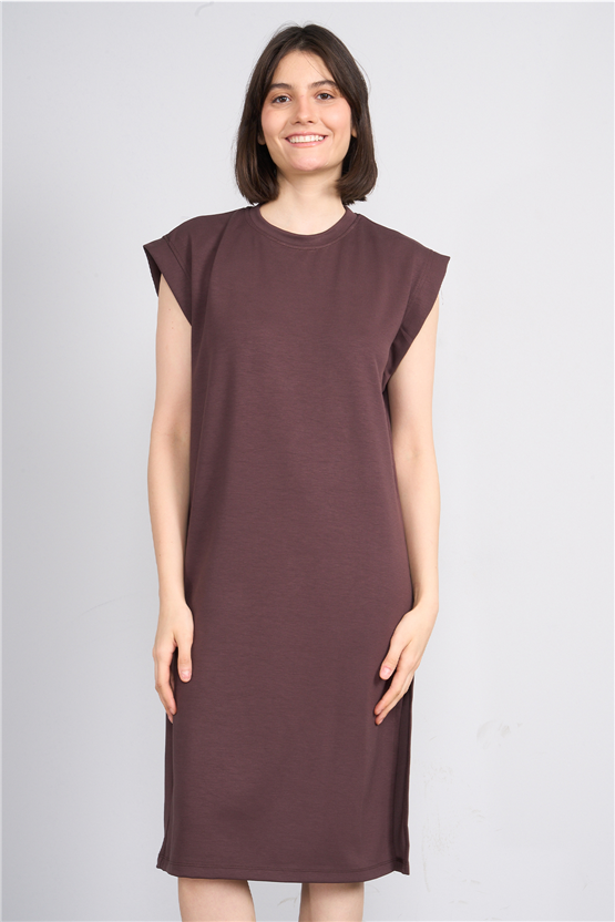 Fithit 6681 Kadın Bisiklet Yaka Sıfır Kol Modal Yırtmaçlı Basic Elbise Kahve