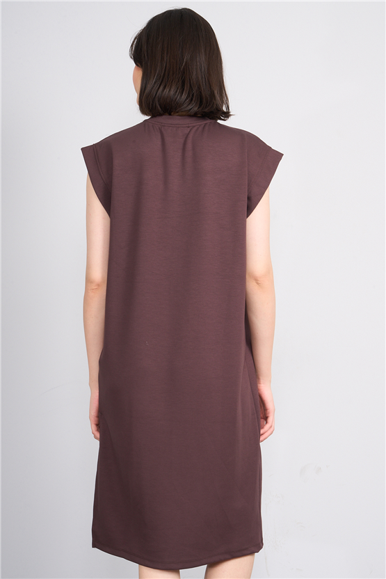 Fithit 6681 Kadın Bisiklet Yaka Sıfır Kol Modal Yırtmaçlı Basic Elbise Kahve