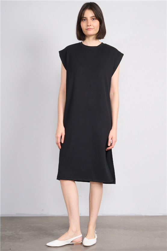 Fithit 6681 Kadın Bisiklet Yaka Sıfır Kol Modal Yırtmaçlı Basic Elbise Siyah