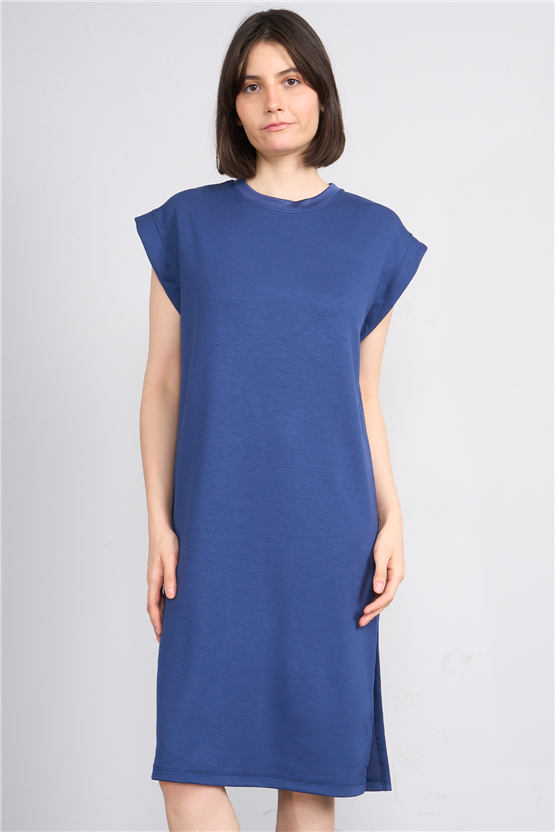 Fithit 6681 Kadın Bisiklet Yaka Sıfır Kol Modal Yırtmaçlı Basic Elbise İndigo