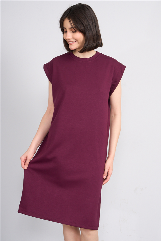 Fithit 6681 Kadın Bisiklet Yaka Sıfır Kol Modal Yırtmaçlı Basic Elbise Mürdüm