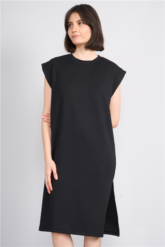 Fithit 6681 Kadın Bisiklet Yaka Sıfır Kol Modal Yırtmaçlı Basic Elbise Siyah