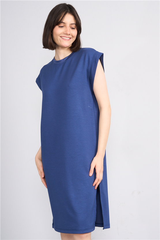 Fithit 6681 Kadın Bisiklet Yaka Sıfır Kol Modal Yırtmaçlı Basic Elbise İndigo
