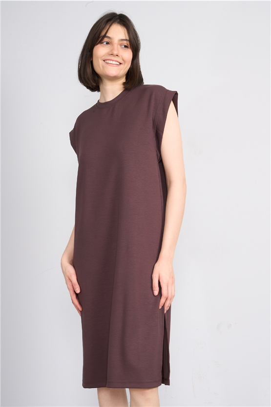 Fithit 6681 Kadın Bisiklet Yaka Sıfır Kol Modal Yırtmaçlı Basic Elbise Kahve