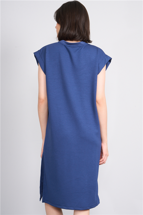 Fithit 6681 Kadın Bisiklet Yaka Sıfır Kol Modal Yırtmaçlı Basic Elbise İndigo