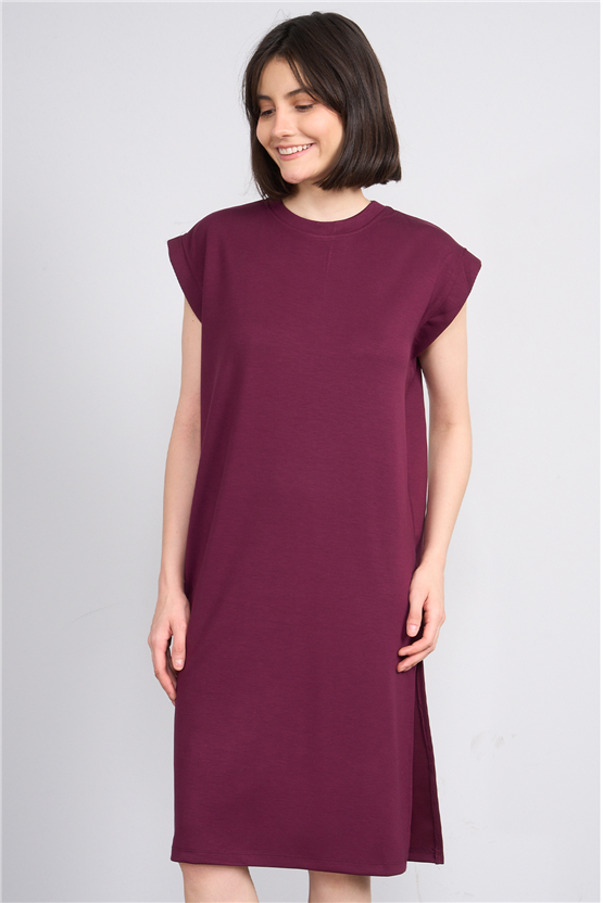 Fithit 6681 Kadın Bisiklet Yaka Sıfır Kol Modal Yırtmaçlı Basic Elbise Mürdüm