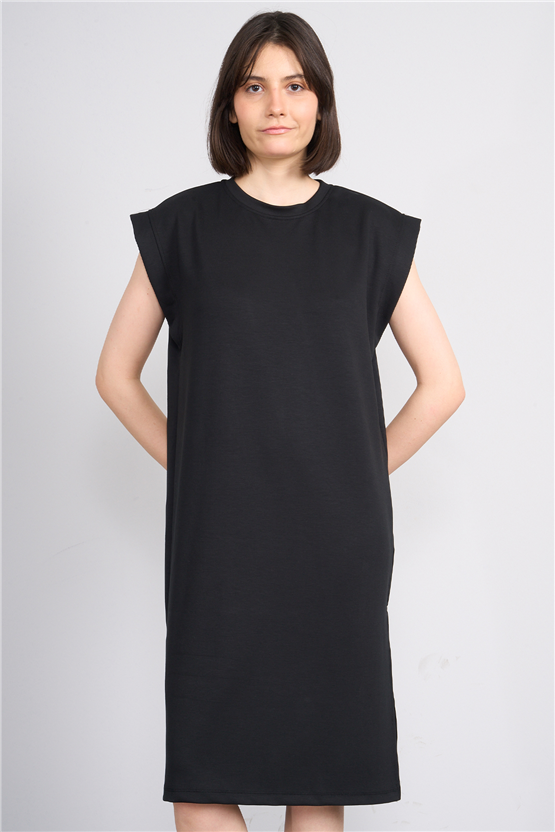 Fithit 6681 Kadın Bisiklet Yaka Sıfır Kol Modal Yırtmaçlı Basic Elbise Siyah