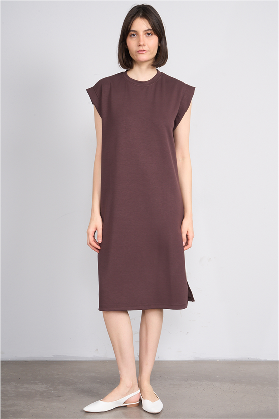 Fithit 6681 Kadın Bisiklet Yaka Sıfır Kol Modal Yırtmaçlı Basic Elbise Kahve