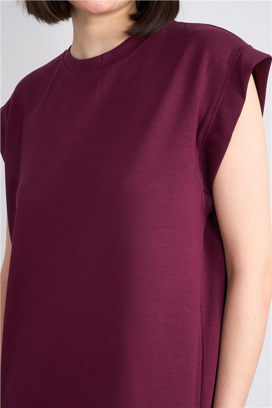 Fithit 6681 Kadın Bisiklet Yaka Sıfır Kol Modal Yırtmaçlı Basic Elbise Mürdüm