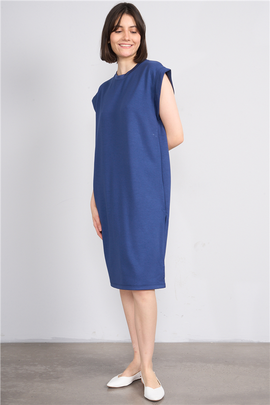 Fithit 6681 Kadın Bisiklet Yaka Sıfır Kol Modal Yırtmaçlı Basic Elbise İndigo