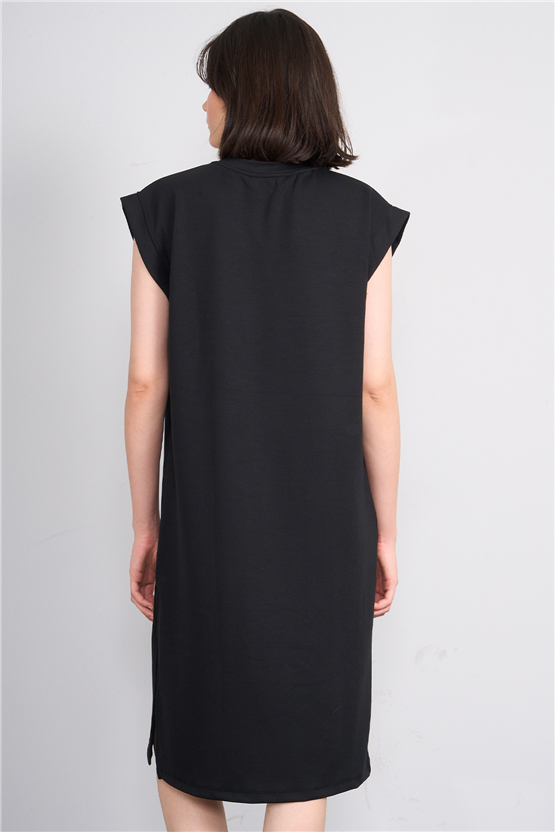 Fithit 6681 Kadın Bisiklet Yaka Sıfır Kol Modal Yırtmaçlı Basic Elbise Siyah