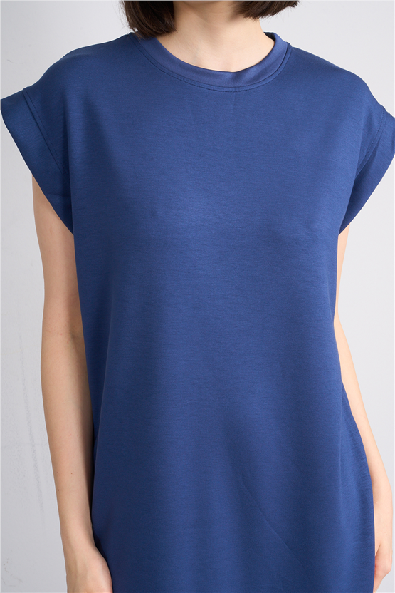 Fithit 6681 Kadın Bisiklet Yaka Sıfır Kol Modal Yırtmaçlı Basic Elbise İndigo