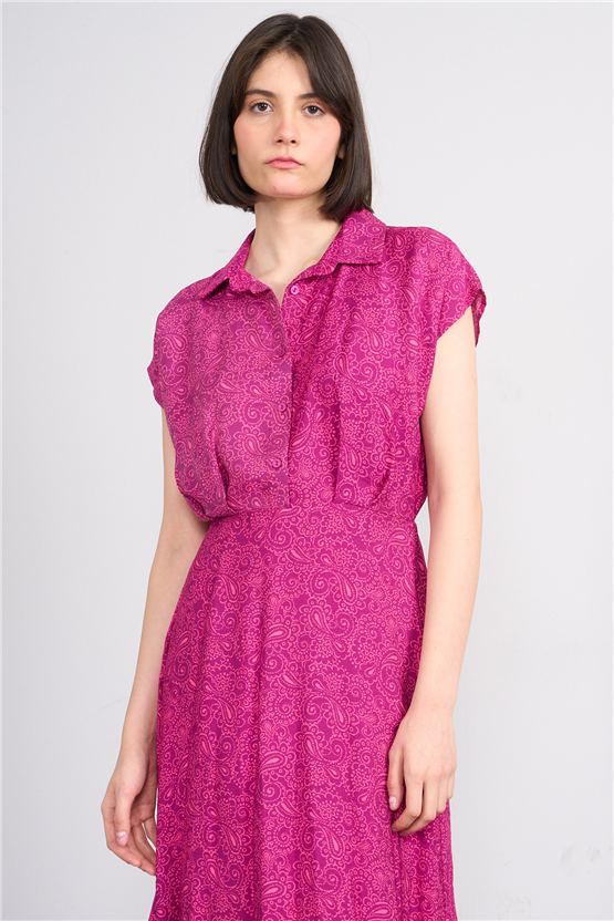 Fithit 6724 Kadın Ayaklı Yaka Kısa Kol Viskon Midi Elbise Mürdüm Çiçekli Şal Desen