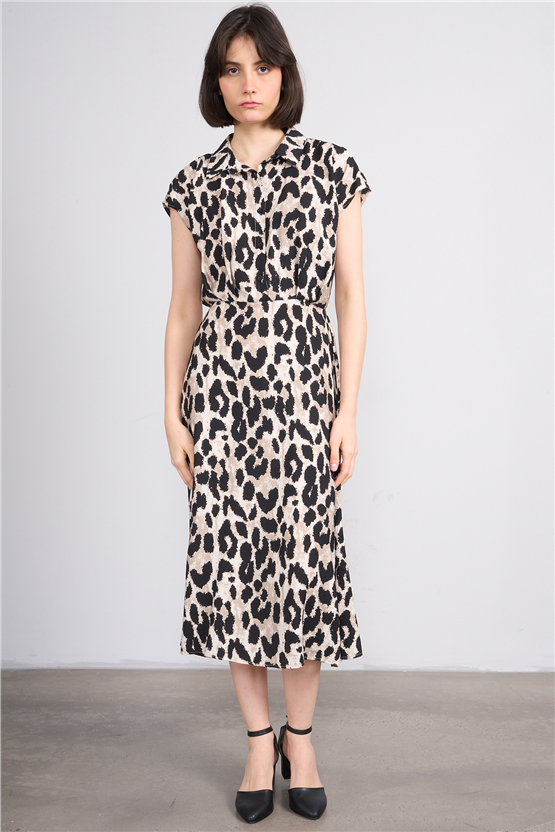 Fithit 6724 Kadın Ayaklı Yaka Kısa Kol Viskon Midi Elbise Büyük Leopar Desen