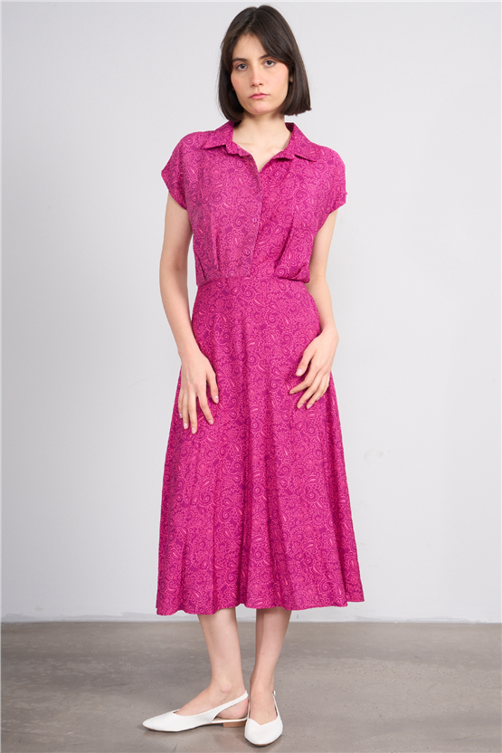 Fithit 6724 Kadın Ayaklı Yaka Kısa Kol Viskon Midi Elbise Mürdüm Çiçekli Şal Desen