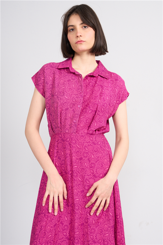 Fithit 6724 Kadın Ayaklı Yaka Kısa Kol Viskon Midi Elbise Mürdüm Çiçekli Şal Desen