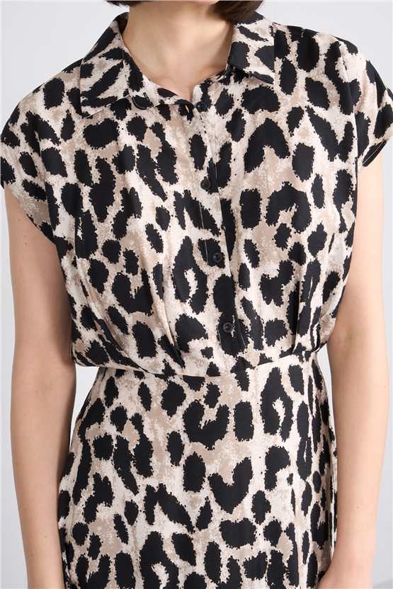 Fithit 6724 Kadın Ayaklı Yaka Kısa Kol Viskon Midi Elbise Büyük Leopar Desen