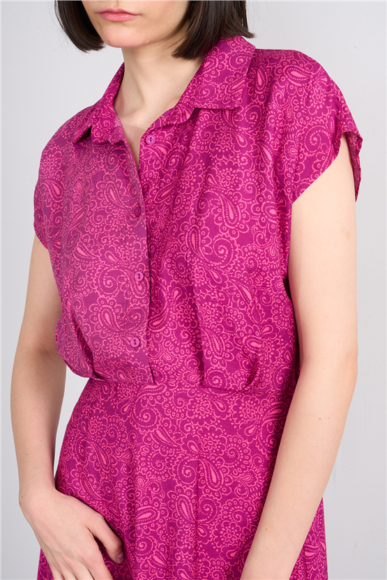 Fithit 6724 Kadın Ayaklı Yaka Kısa Kol Viskon Midi Elbise Mürdüm Çiçekli Şal Desen