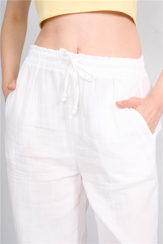 Fithit 7004 Bayan Müslin Geniş Paça Pantolon Kırık Beyaz