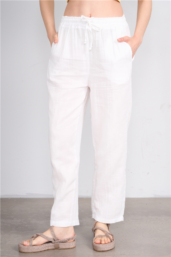 Fithit 7004 Bayan Müslin Geniş Paça Pantolon Kırık Beyaz