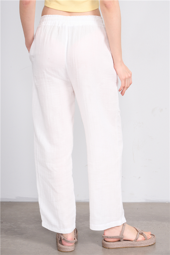 Fithit 7004 Bayan Müslin Geniş Paça Pantolon Kırık Beyaz