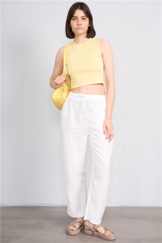 Fithit 7004 Bayan Müslin Geniş Paça Pantolon Kırık Beyaz